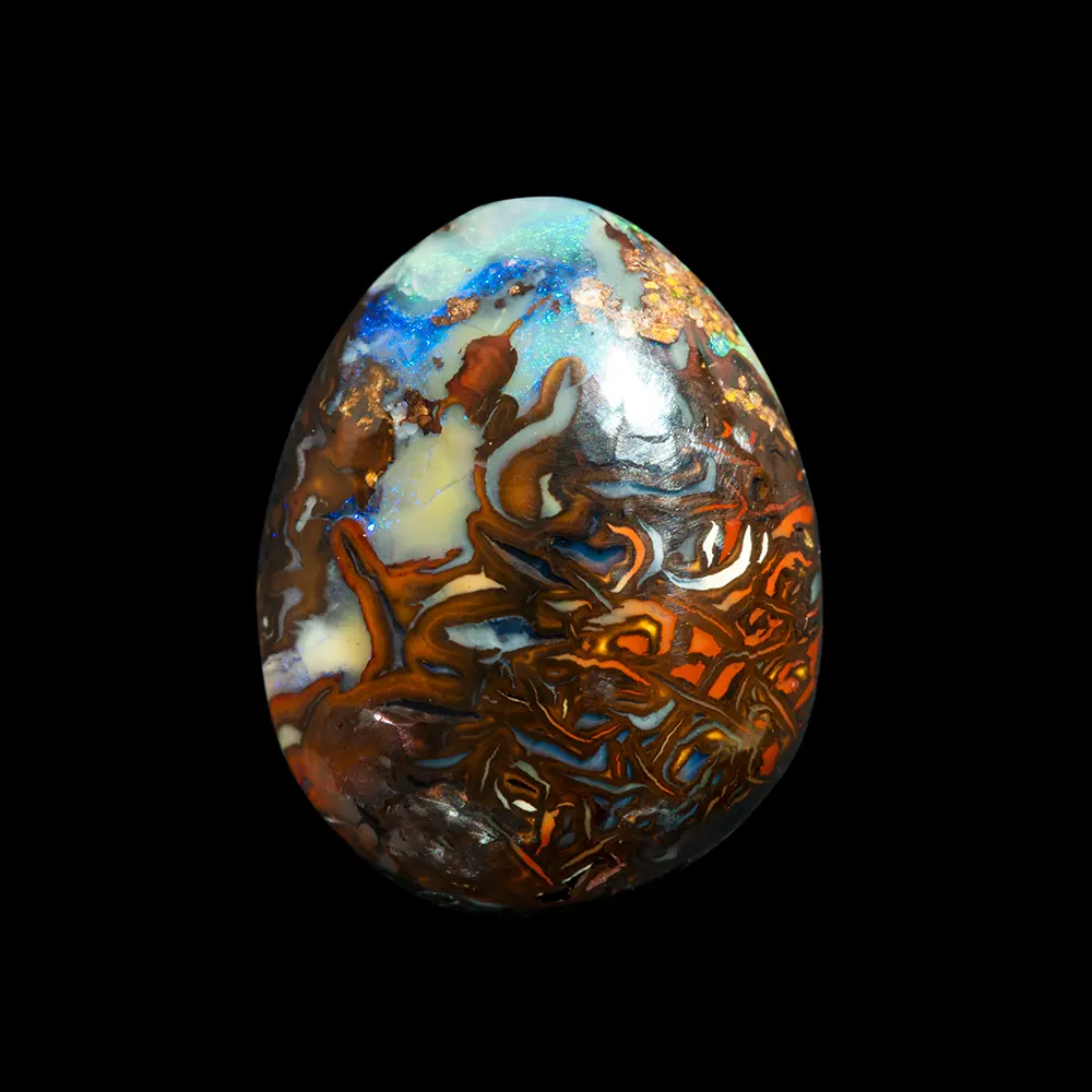 Natural Australian opal from the Koroit mines, pear-shaped 7.9 carats with graphic patterns variegated with ochre, blue, orange, white or black on both sides and topped with an iridescent blue and green pole