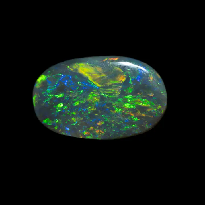 Australian dark opal from the Lightning Ridge mines, 1.5 carat oval cabochon with gorgeous green, blue and orange shiny ripples