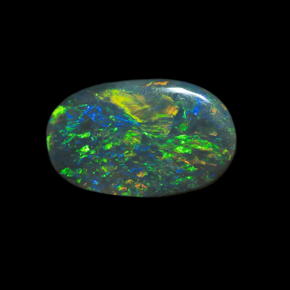 Australian dark opal from the Lightning Ridge mines, 1.5 carat oval cabochon with gorgeous green, blue and orange shiny ripples