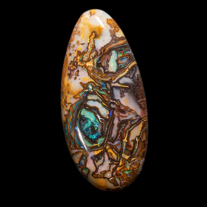 Natural Australian opal from the Koroit mines, large teardrop of 51.1 carats with multicolored and contrasting designs on both sides, of a very rare quality due to its intense brilliance, the distribution of its designs and the intensity of its colors