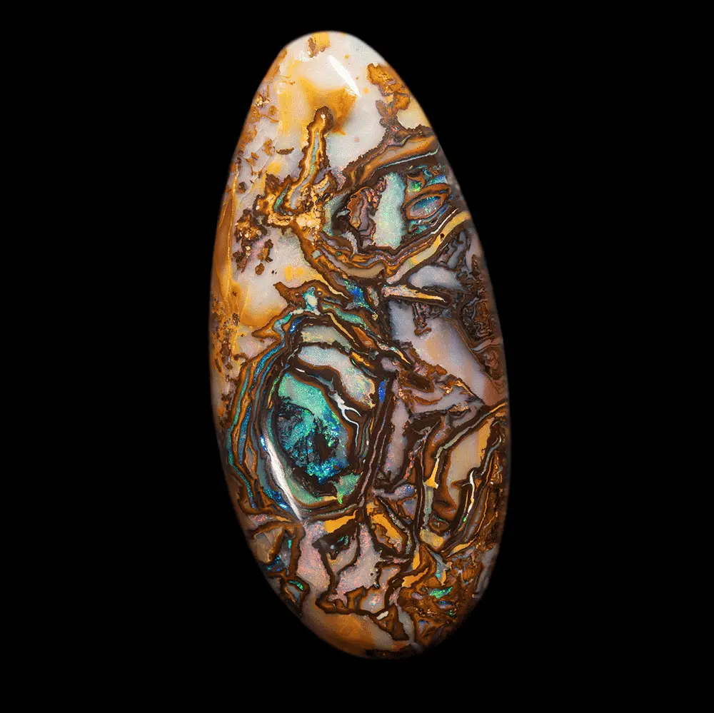 Natural Australian opal from the Koroit mines, large teardrop of 51.1 carats with multicolored and contrasting designs on both sides, of a very rare quality due to its intense brilliance, the distribution of its designs and the intensity of its colors