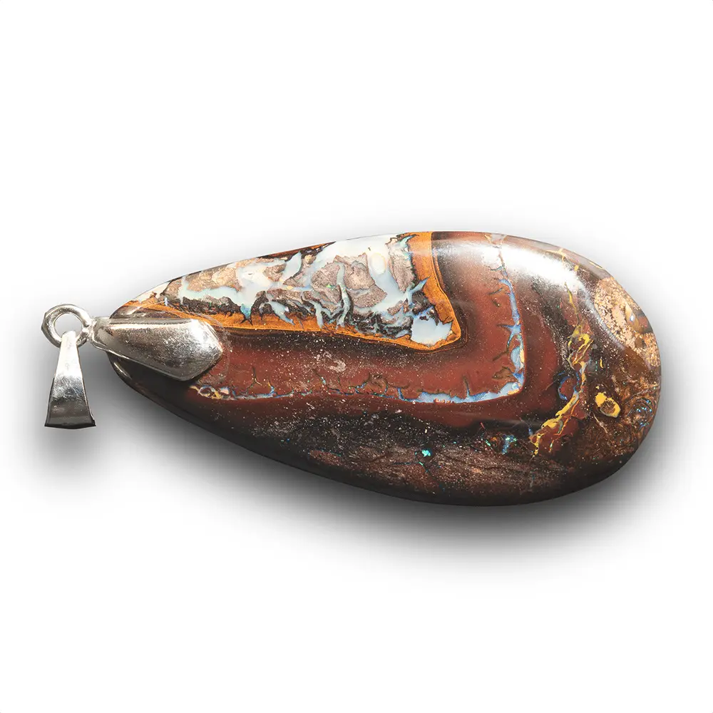 Opale naturelle australienne des mines Koroit montée en pendentif argent 925. Grande larme d'opale de 45,5 carats polie sur ces deux faces, dessins colorés et brillants évoquant des cadres à festons très décoratifs