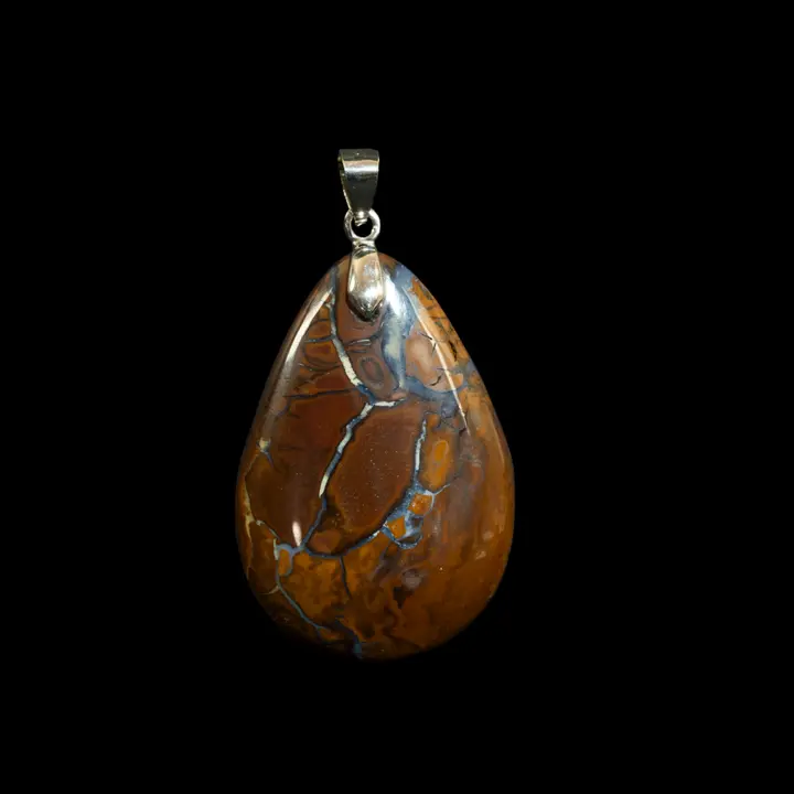 Natural Australian opal from the Koroit mines, ochre teardrop cabochon of 36.5 carats criss-crossed with blue-grey-white veins bound and mounted on a 925 silver bélière.