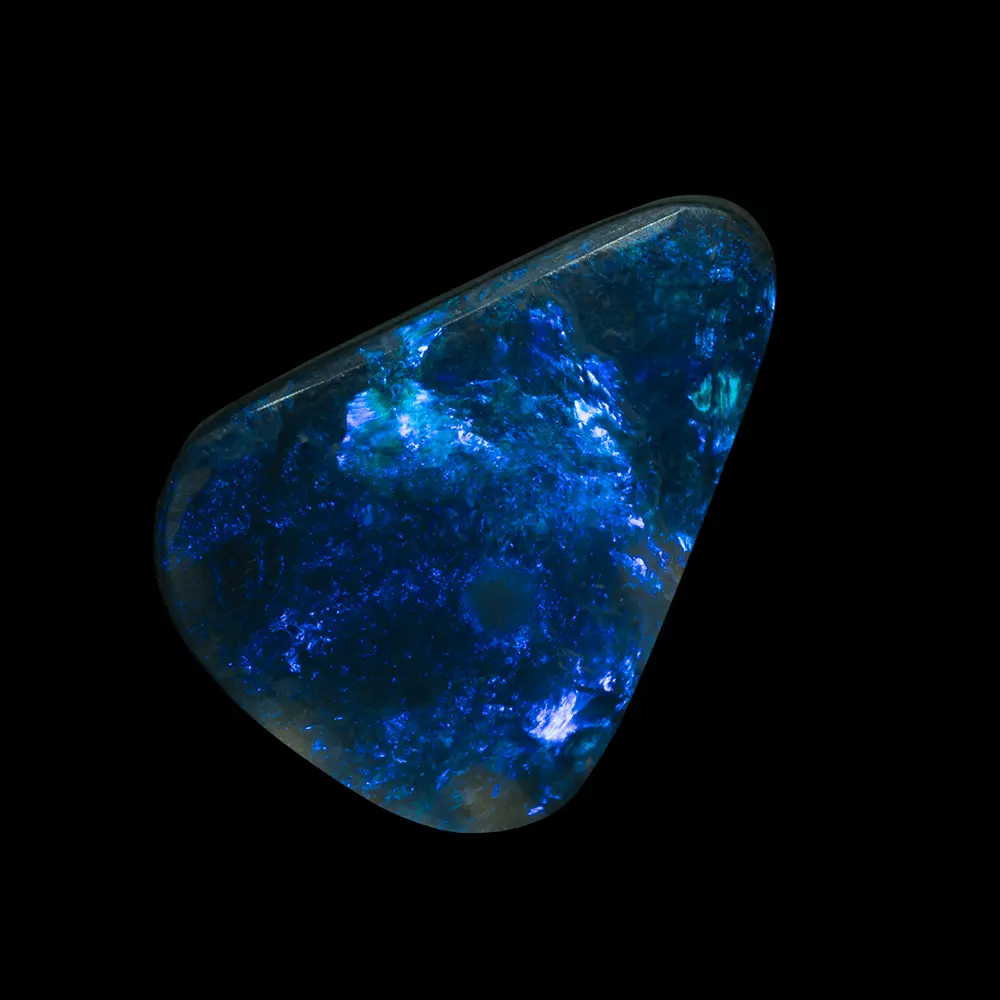 Opale naturelle australienne des mines de Lightning Ridge, forme de triangle arrondi de 1,6 carat intensément bleus variables et intenses sur matrice noire