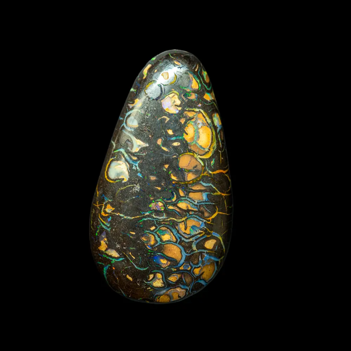 Opale naturelle australienne des mines Koroit. Forme de larme de 15,6 carats à matrice brun très sombre décoré d’alvéoles jaune-orangées et veines bleutées. Les ponctuations irisées sont bleues, vertes ou violettes