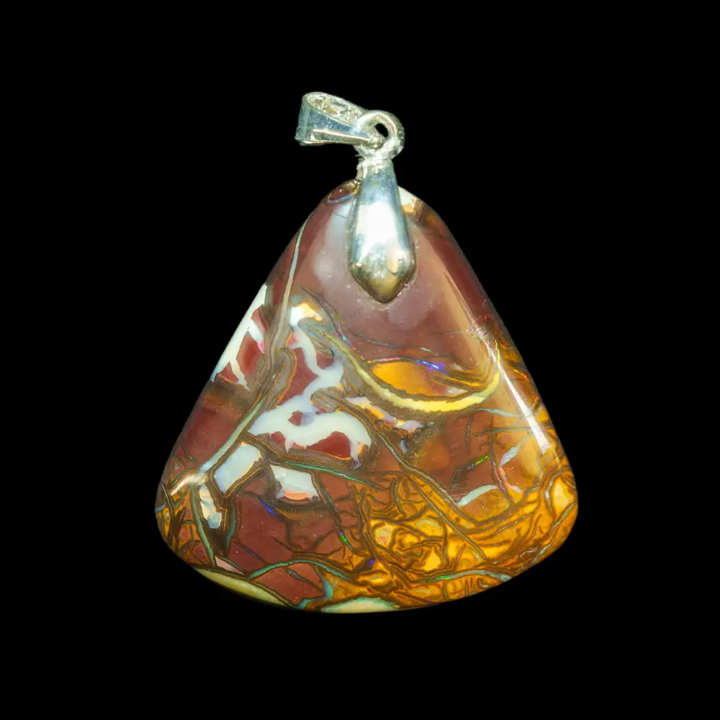 A 45.8-carat natural Australian opal from the Koroit mines. Cut into a triangle and crisscrossed with multicolored iridescent veins accented with yellow, white, and ochre tones, this beautiful opal, set in a 925 silver bail, is sure to be a standout piece of jewelry. 